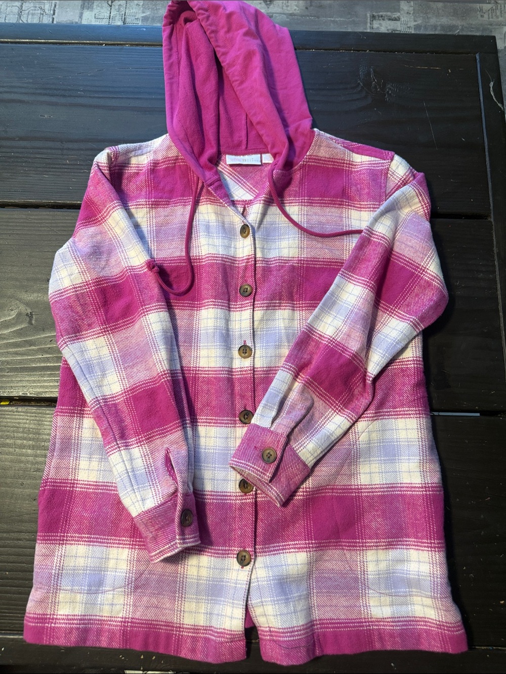 Belle by Kim Gravel Pink and Cream Plaid Hooded Button-Down Shirt